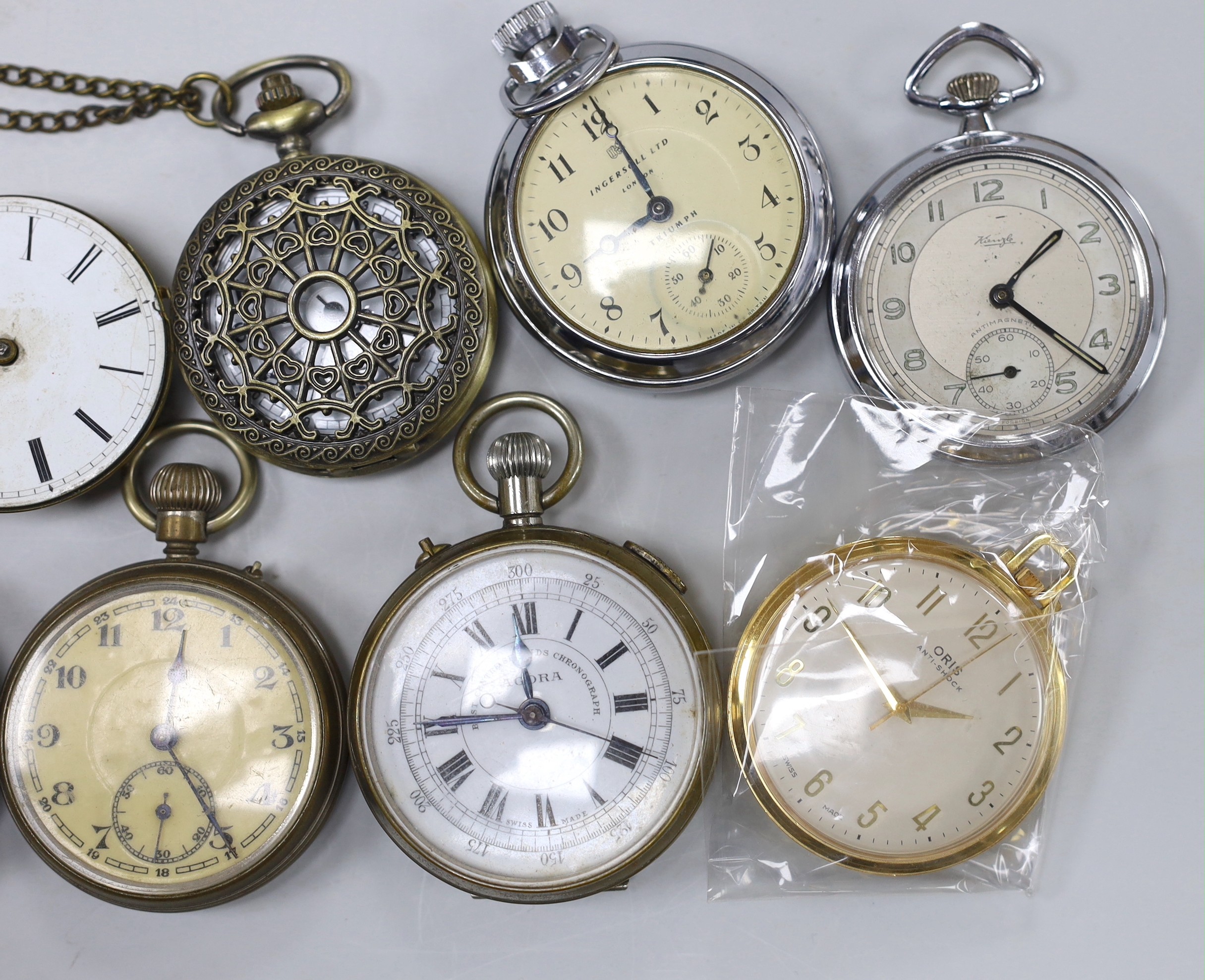 Eighteen assorted base metal pocket watches, including Ingersoll, Lanco and Paragon, some a.f. and a small quantity of assorted watch keys.